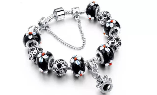 18K White Gold Plated BLACK Flower Crystal CZ Charm Bracelet Made with Swarovski