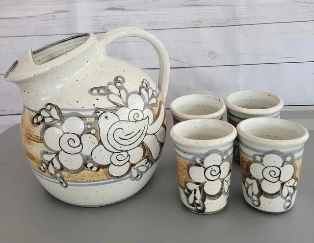 Vintage Tonala Pottery Ball Pitcher w/ 4 Cups Set Handpainted Bird Flower Signed Vintage Tonala Pottery Ball Pitcher w/ 4 Cups Set Handpainted Bird Flower Signed