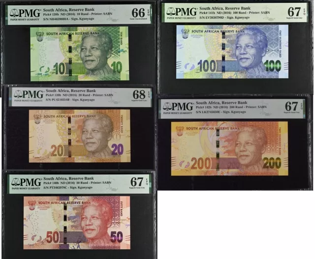 South Africa Set 5; 10 20 50-200 Rand 2016 P138-141 142 Gem UNC PMG 66 67 68 EPQ