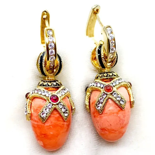 Sterling Silver Coral Faberge Egg Earrings Swarovski Crystal Garnets Enamel Gold