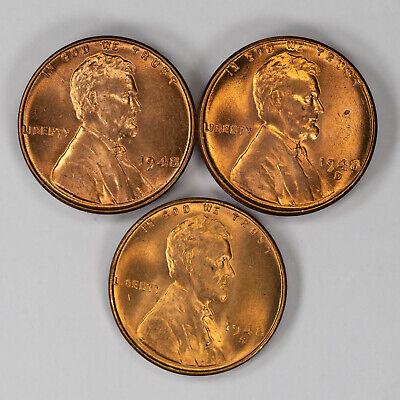 1948 P / D / S Lincoln Wheat Cent Penny 1C Gem Bu Brilliant Red Set Of 3 Coins