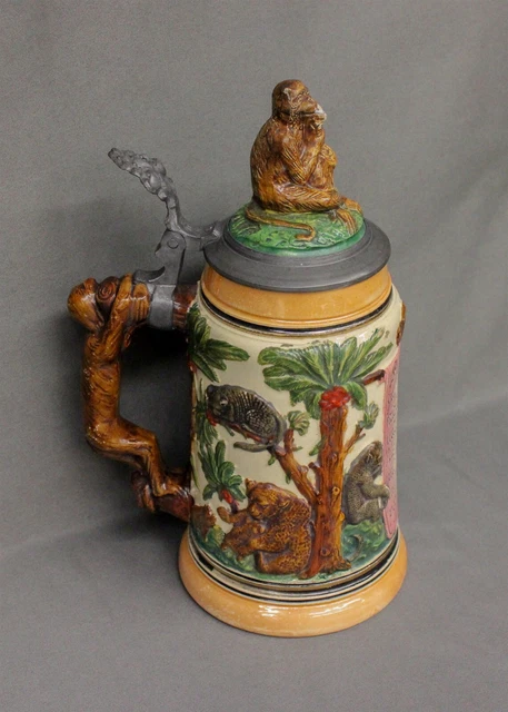 German Beer Stein Lidded .4 Liter w/Figural Monkeys