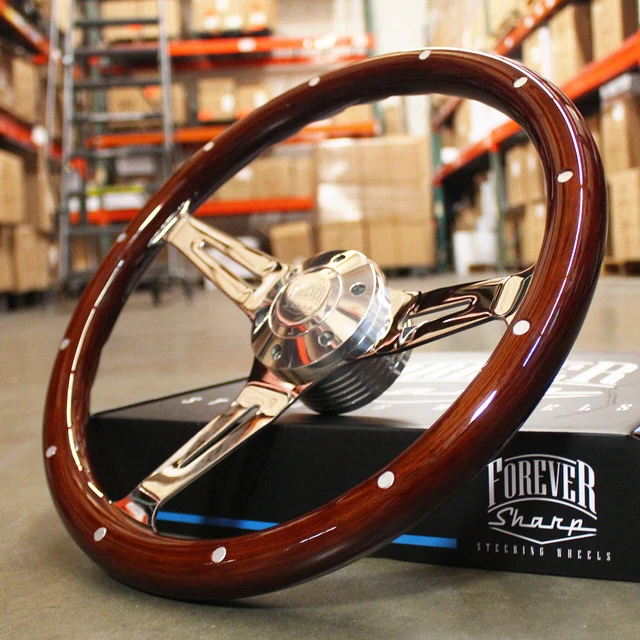 14" Slotted 3 Spoke Steering Wheel Dark Wood Riveted Grip, 6 Hole Chevy Ford GMC