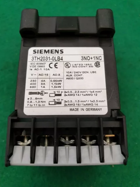 Siemens Contactor 24 VDC Coil 10 Amp 3TH20 31-0LB4 3