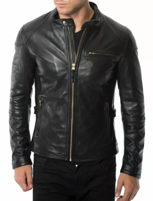 Men's Genuine Lambskin Leather Jacket Bomber Biker Motorcycle Slim fit Soft Coat