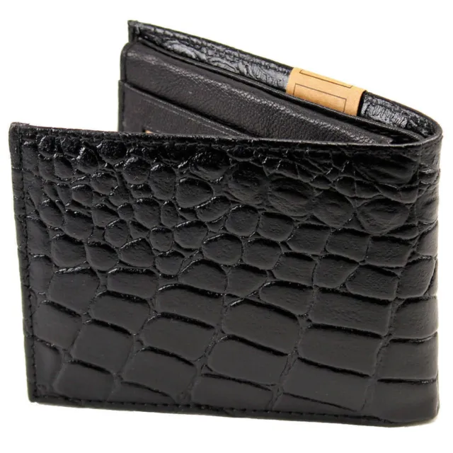 Black Croc Print Emboss Leather Bifold Flap Top Card Men's Front Pocket Wallet