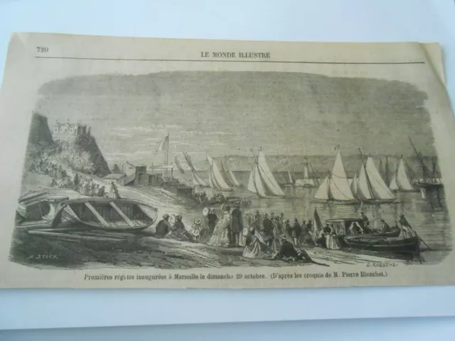 Gravure 1861 - Premières régates inaugurées à Marseille