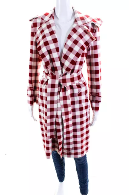 Norma Kamali Womens Knit Buffalo Plaid Collared Open Front Jacket Red Size XS/34