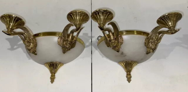 Pair Antique Spain Brass & Alabaster Wall Sconces Art Nouveau Deco W/shades