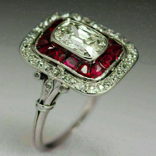 3Ct Cushion Simulated Diamond & Ruby Engagement Ring 14k White Gold Plated