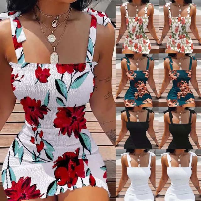 Sexy Women Floral Print Bodycon Strappy Sleeve Mini Dress Beach Bandeau Sundress