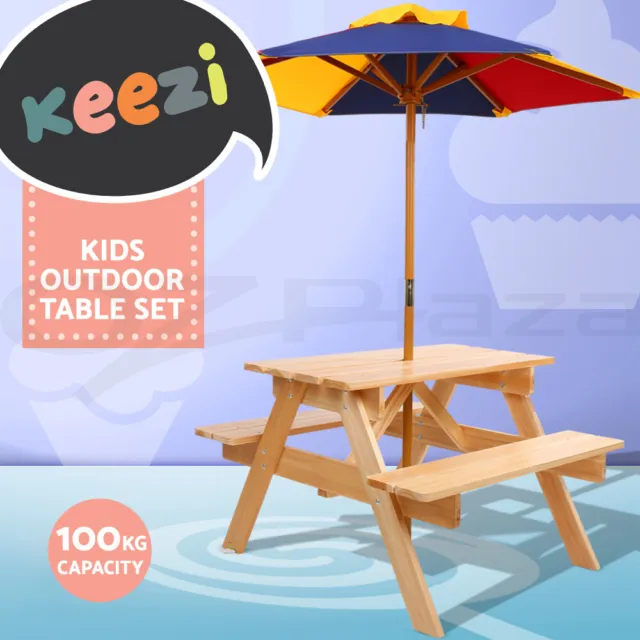 Keezi Kids Outdoor Table and Chairs Picnic Bench Set Umbrella Children Indoor