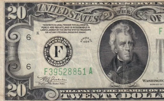 F39528851A   1934 Twenty Dollar Green Seal Federal Reserve Note