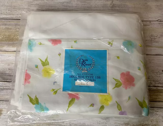 NEW Vintage Dan River Muslin Cotton Flat Sheet Double Size 108x81 Floral Trim