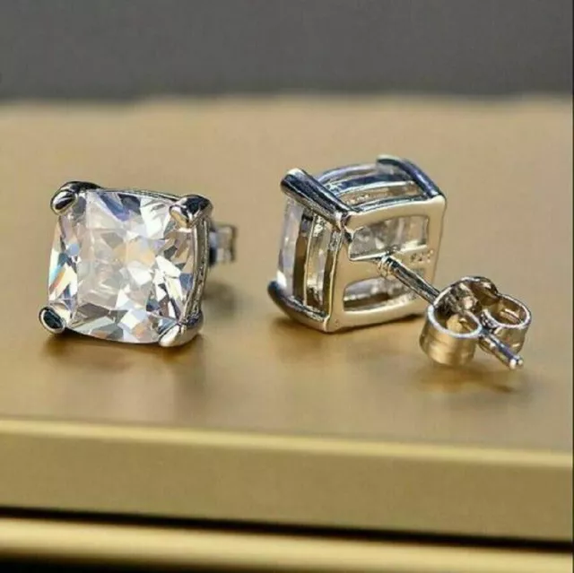 3Ct Cushion Lab Created Diamond Solitaire Stud Earrings 14K White Gold Plated