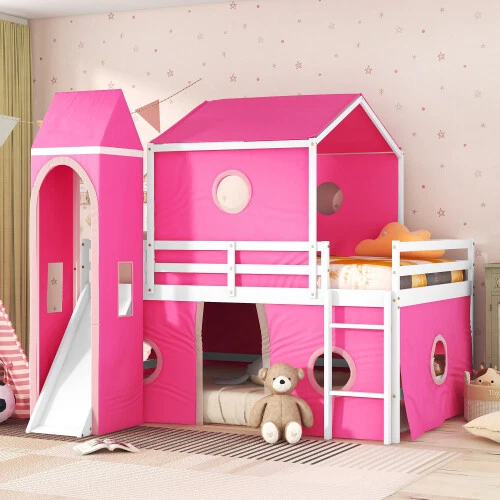 Solid Wood House Bunk Bed with Slide Tent Tower Loft Bunk Bed Platform Bed Frame Solid Wood House Bunk Bed with Slide Tent Tower Loft Bunk Bed Platform Bed Frame