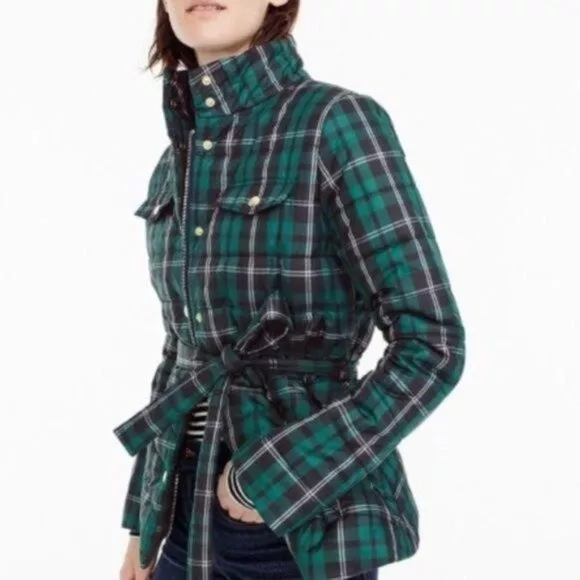 NWT J. Crew Tartan Plaid Belted Puffer Jacket