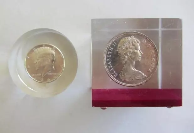 1964 Silver Kennedy Half Dollar & 1966 Canadian Silver Dollar Paperweights
