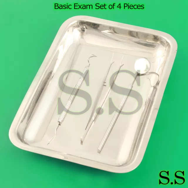 Dental Basic Exam Set of 4 Pieces Mouth mirror, Probe , Tweezers, Tray DN-597