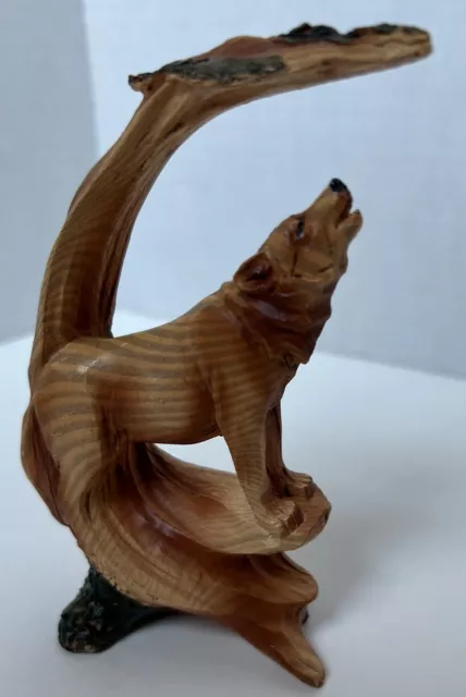 Howling Mountain Wolf Figurine Carved Faux Wood Resin Statue 5”H