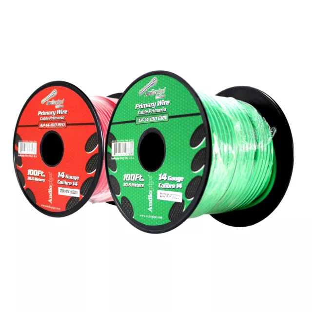 Bote de cable remoto de alimentación a tierra primaria Audiopipe (2) 14ga 100 ft CCA rojo y verde