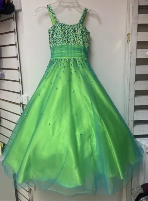 Girls Sz 4 Corset Back Tiffany Lime Green & Blue Lace Up Pageant Ballgown Dress