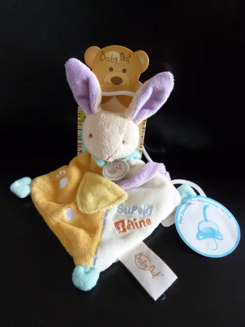 D16- Doudou Plat Super Tetine Baby Nat Lapin Jaune Blanc Bleu Orange Mauve  Neuf