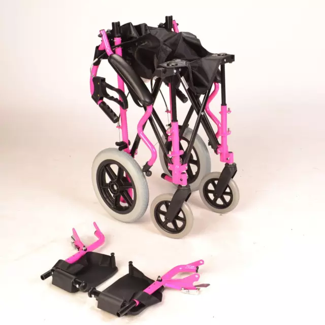 Pink Lightweight folding deluxe travel wheelchair in a bag with handbrakes 3