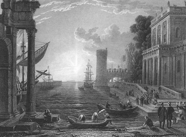 ANCIENT ITALY SHIPS IN PORT HARBOR PALACES ~ 1840 Lorrain Art Print Engraving