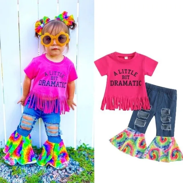 Baby Toddler Kids Girls Tassel T-shirt Tops Flared Jeans Denim Pants Set Outfits