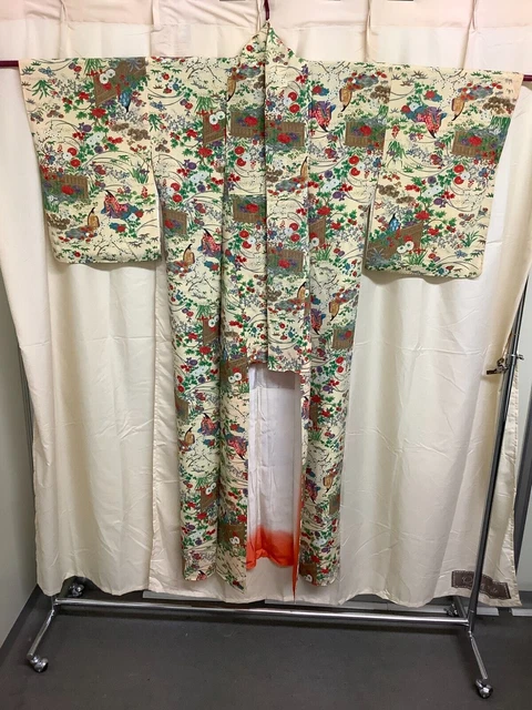 Japanese Vintage Kimono pure silk cream flower tradition length 59.44 inch used