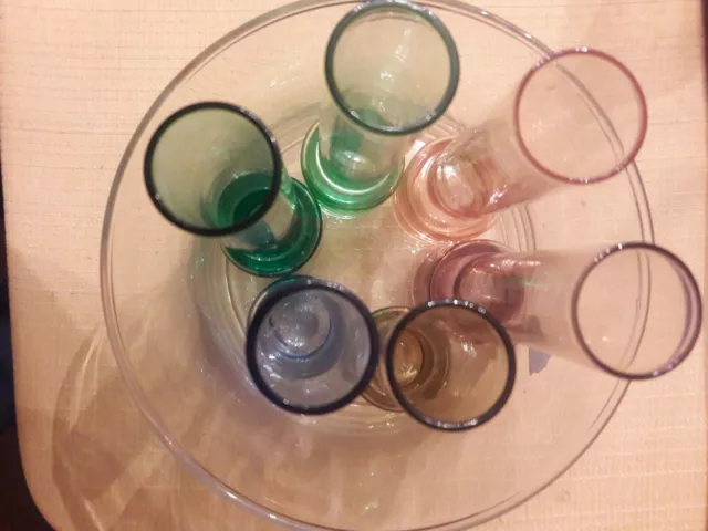 Vintage 6 colorful wine liquor shot shooter flute glasses with glass ice bucket!