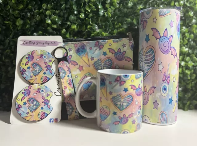 Spooky Cute Coffee Mug,tumbler, Keychain,coasters Set &Cosmetic Bag Collection.