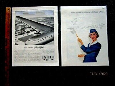 TWO Original United Airlines Vintage Print Ads From 1943 & 1956