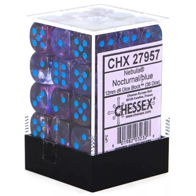 Chessex Nebula 12mm d6 Nocturnal/Blue w/Luminary Dice Block (36 dice)