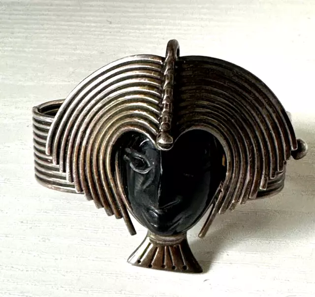 925 Sterling Silver Vintage Mexico Black Onyx Tribal Woman Cuff Bracelet 6.25"