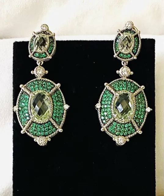 Judith Ripka Rare SS 925 Prasiolite & Pave Chrome Diopside Clip Earrings W/CZ