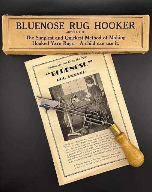 Gantilla vintage alfombra azul para remolcadores de hilo enganchado con caja original e instrucciones