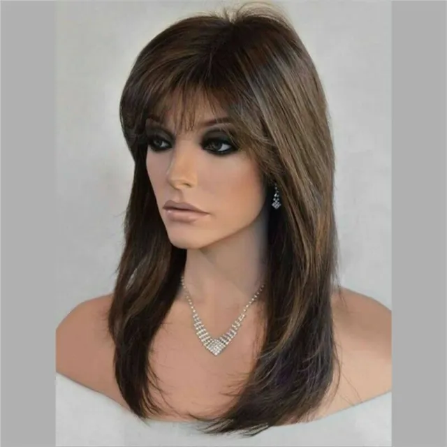 Women Real Natural Medium Straight Hair Wigs with Bangs Cosplay Party Full Wig