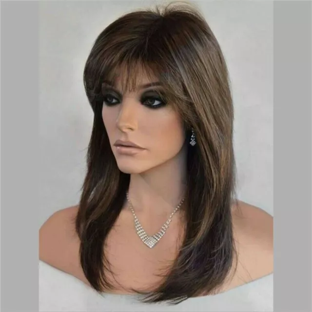 Women Real Natural Medium Straight Hair Wigs with Bangs Cosplay Party Full Wig