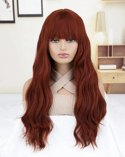 Perruque Longue Rouge Bouclée Avec Frange - Synthétique, Bonnet Moyen OFFERT - Neuf