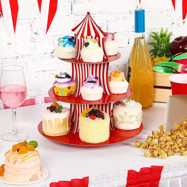 1Set 3 Tier Circus Carnival Paper Cupcake Stand Red Striped Cake Decorating Supp