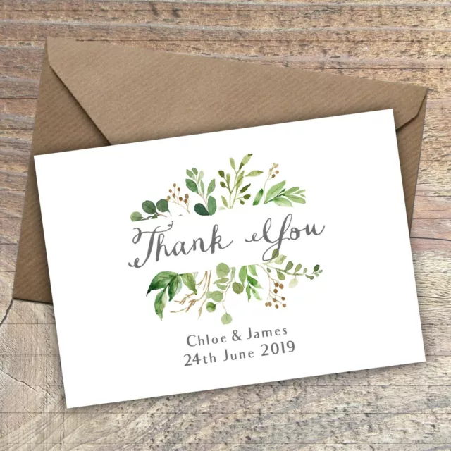 Personalised Rustic Thank You Cards/Postcard,Wedding,Green floral Packs of 10