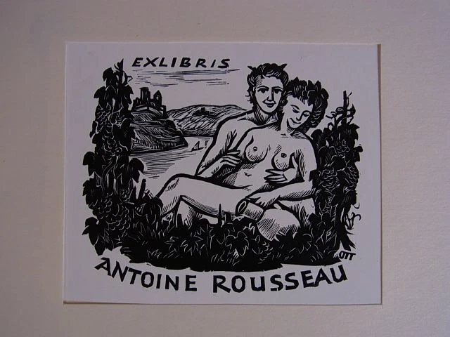 Erotisches Exlibris für Antoine Rousseau. Motiv: Akt-Paar Vor Flusslandschaft. H