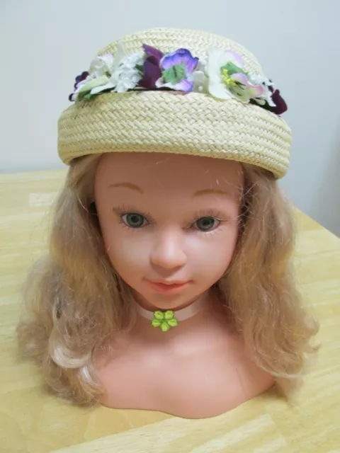 VTG. Toddler Girl's Beige Straw Summer Hat w/ Yellow Ribbon Band & Pansy Flowers