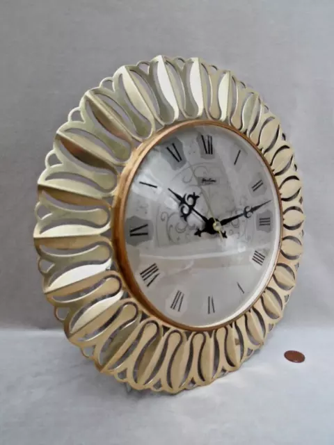 60s SUNRAY WALL CLOCK, Vintage BENTIMA GOLD & SILVER METAL, Retro BATTERY QUARTZ