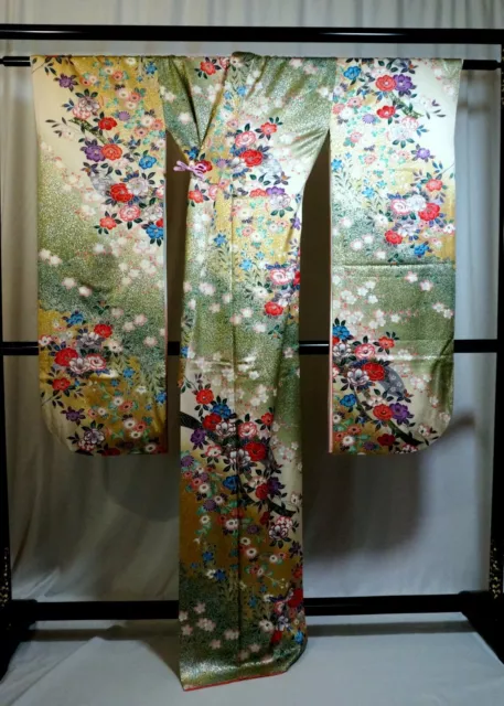 Japanese kimono SILK"FURISODE" long sleeves, GLD/SIL leaves, Camellia,L5'5".2219