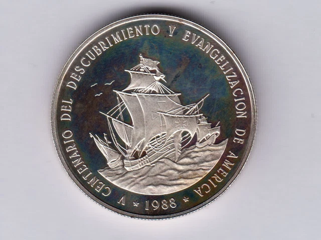 Dominican Rep.:KM-66a,1 Peso,1988* SILVER * Sailing of the Santa Maria * Proof *