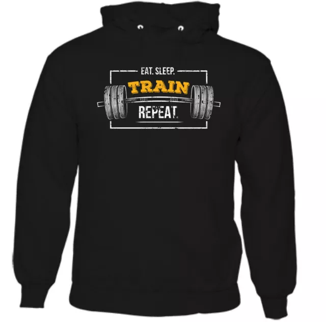 Eat Sleep Train Repeat Mens Funny Gym Hoodie Training Top Bodybuilding MMA UFC