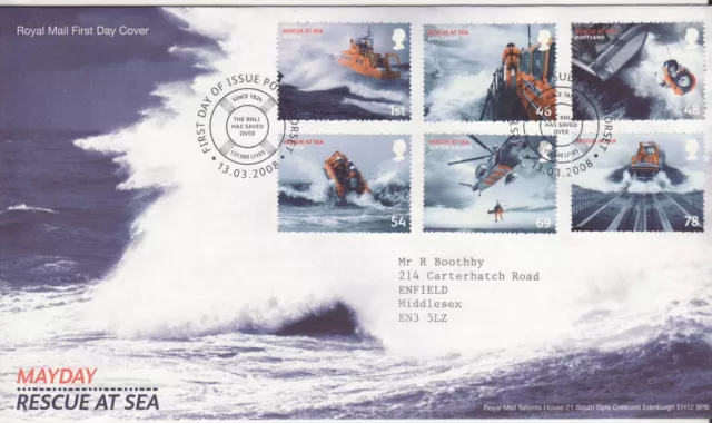 GB Stamps First Day Cover Rescue at Sea, RNLI, boat, storm SHS Life Belt 2008